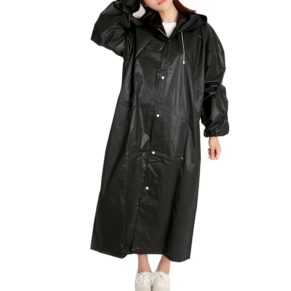 (145cm) Unisex Regenjacke Windmantel Poncho Regencape mit Kapuze   Druckknöpfe - Schwarz