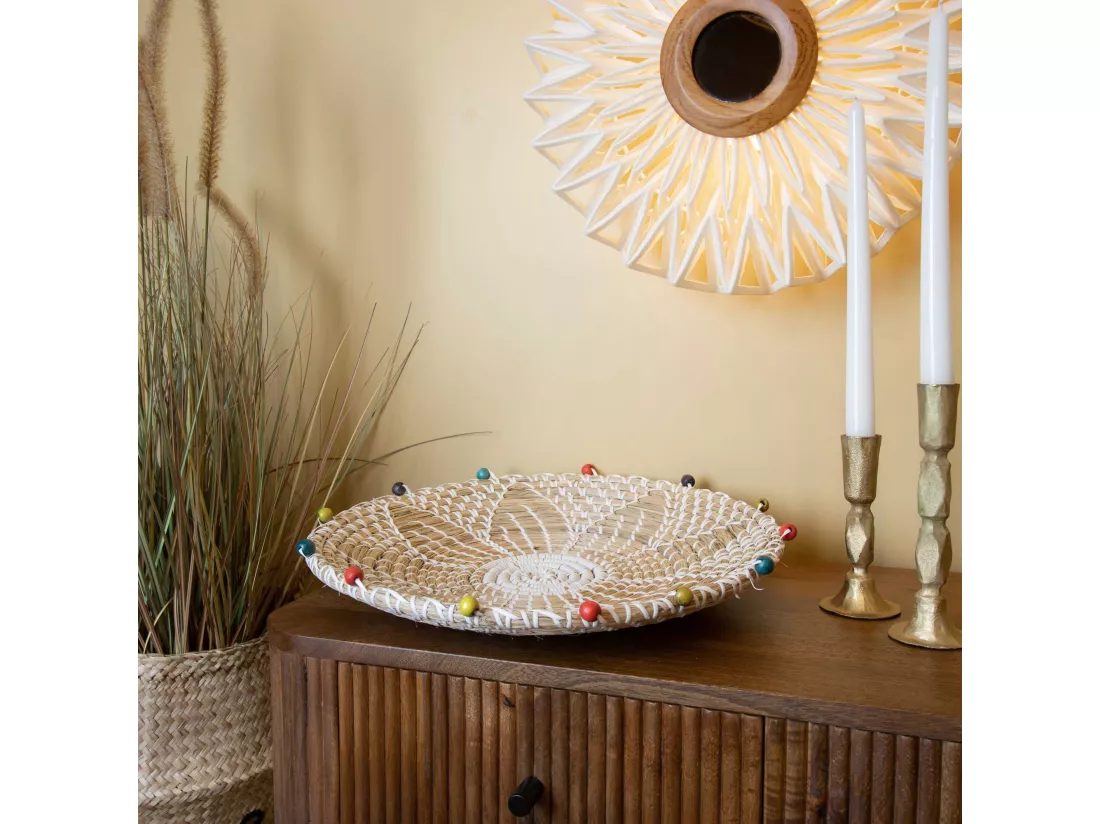 Now's Home - Panier Rond En Jonc De Mer Et Perles De Bois D40xh5cm Milos