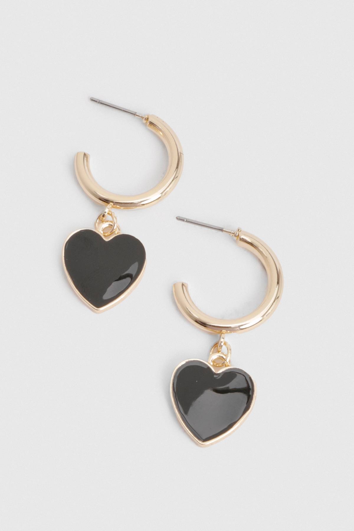 boohoo Boucles d'oreilles créoles pendentives en émail noir en forme de cœur