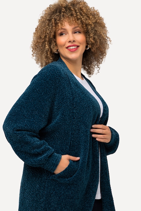 Chenille-Strickjacke, Oversized, V-Ausschnitt, offene Form