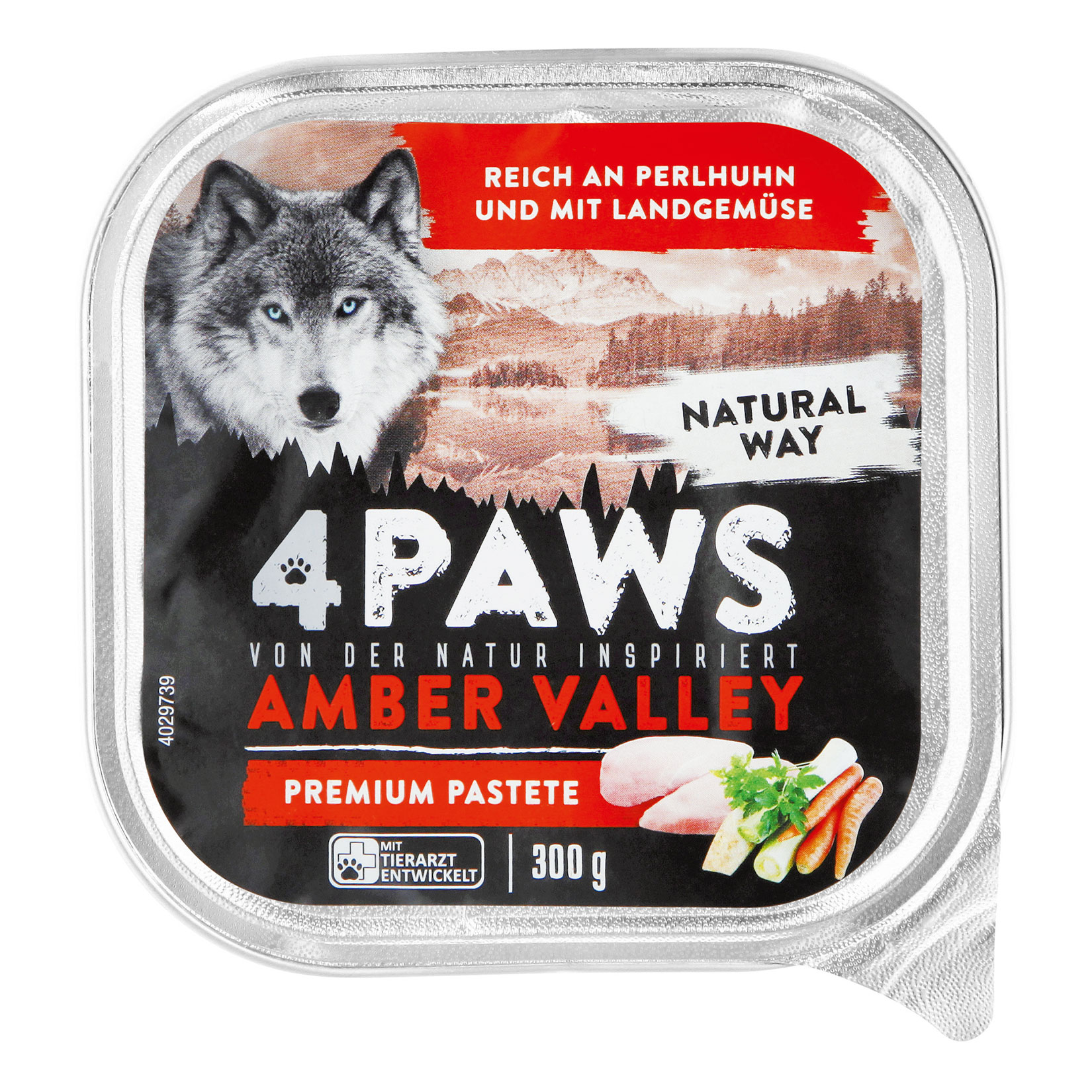 4 PAWS Hundenahrung Perlhuhn Gemüse 300 g, 9er Pack
