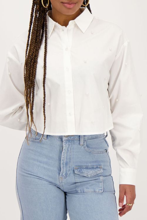 Witte cropped blouse met parels