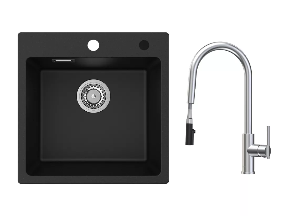 CECIPA MAX Evier Quartz Noir 45x45 cm Evier 1 Bac en Quartz et Résine + Mitigeur de Cuisine Avec Douchette Extractible, 2 Modes de Sortie D'eau,Brossé