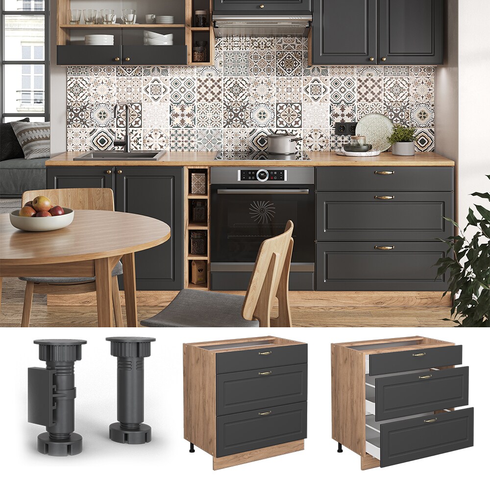 Vicco Schubladenunterschrank Küchenschrank Küchenmöbel Fame-Line Landhaus Eiche Anthrazit 80 cm Gold Küche Einbauküche Drehtür Blende Schublade Küchenunterschrank Küchenzeile
