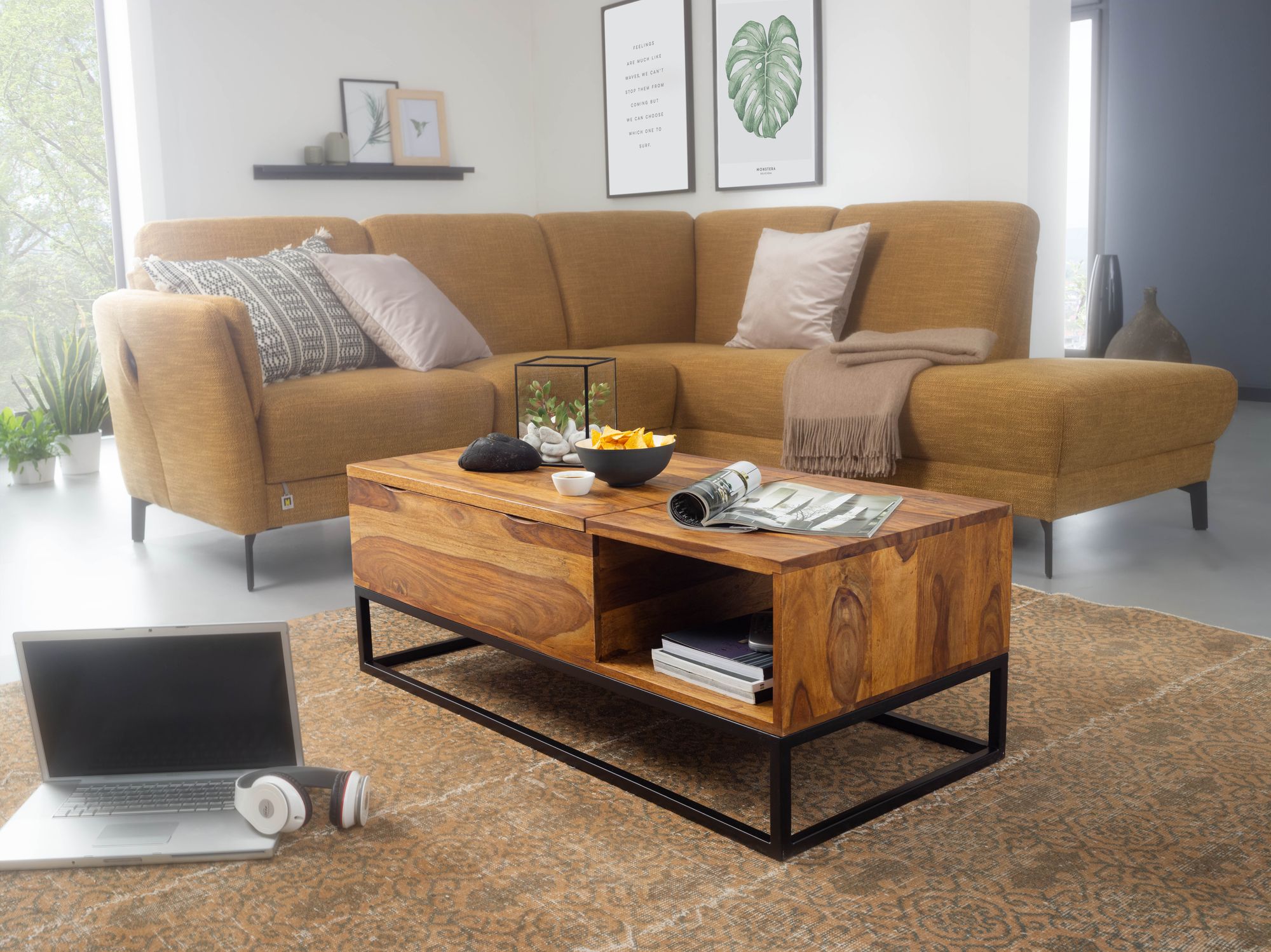 FineBuy Couchtisch 110 x 50cm Tisch Wohnzimmertisch Braun Holz Sofatisch Massiv