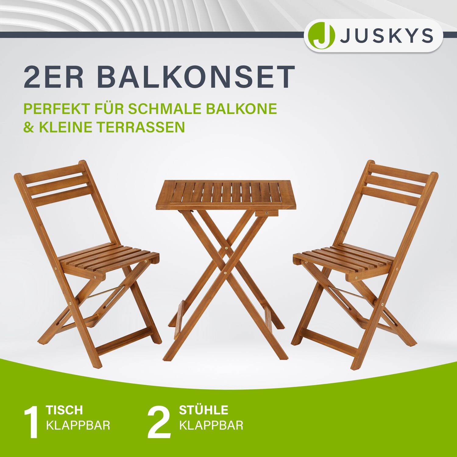 Juskys Balkonmöbel Set Bala - Sitzgruppe 3-teilig aus Holz für 2 Personen, klappbar, platzsparend