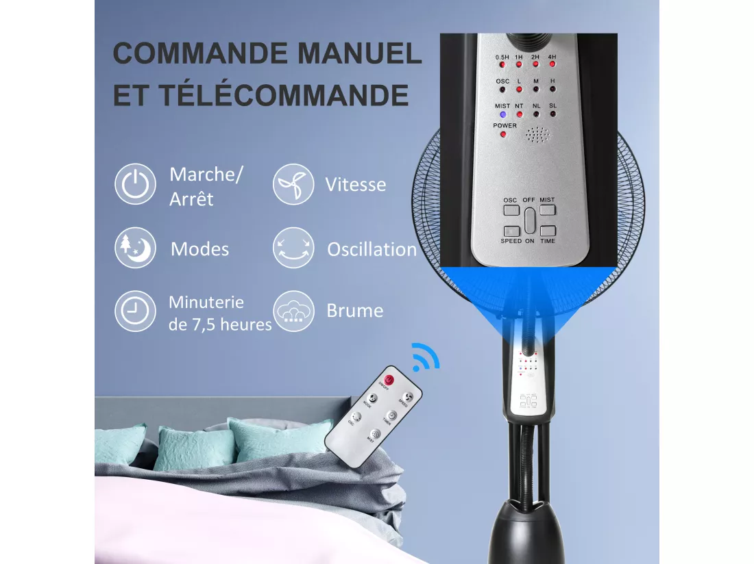 HOMCOM Ventilateur brumisateur sur roulettes - oscillant, inclinable silencieux 90 W avec télécommande - timer 3 modes 3 vitesses - gris noir