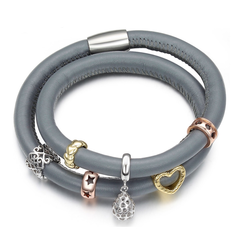 Bracelet Double Rang Charm's en Cuir Gris Bleu et Acier Inoxydable