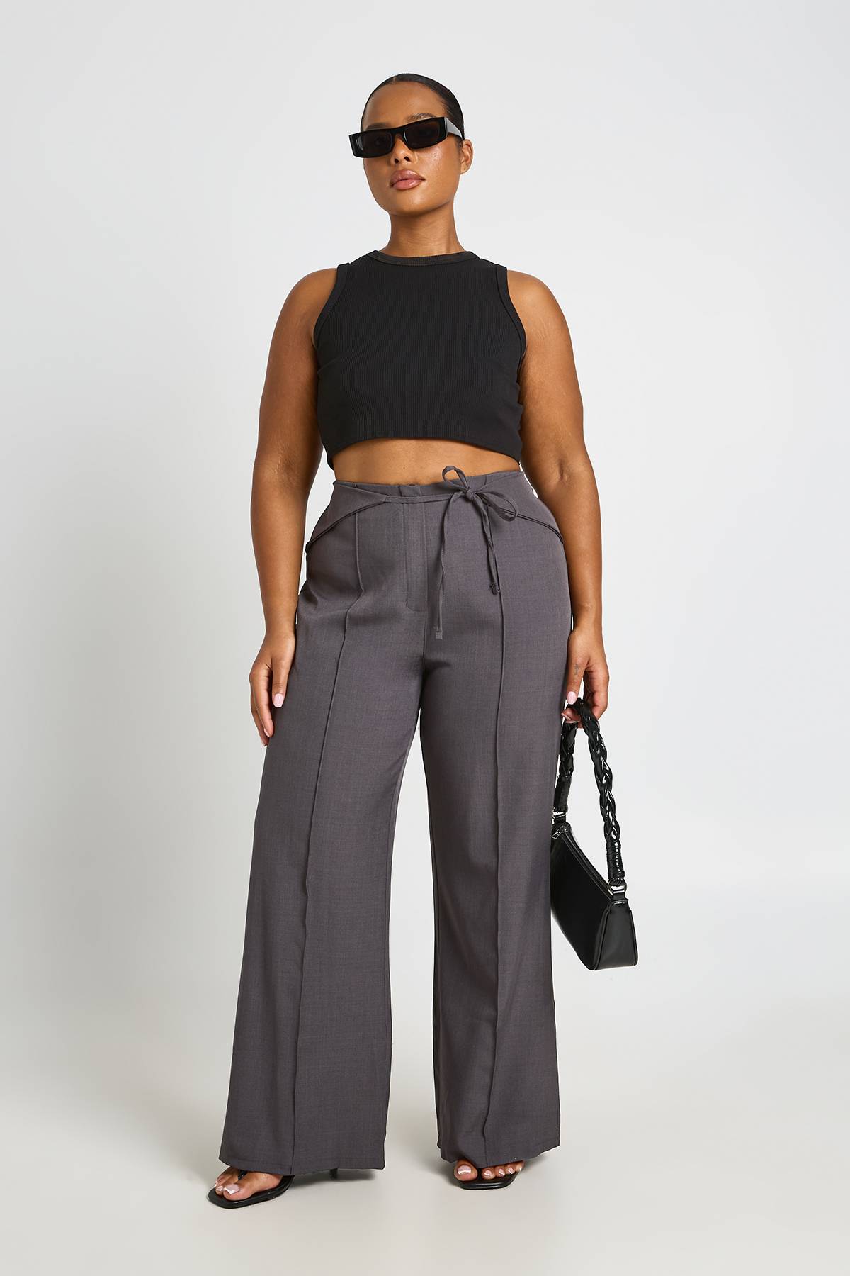 boohoo Pantalon Taille Haute Grande Taille Avec Ceinture À Nouer