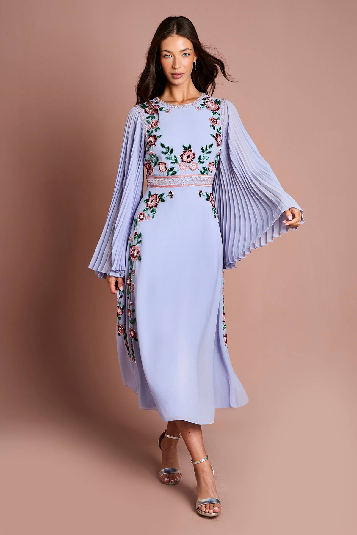 Coast Robe Midi À Fleurs Perlées Et Manches Plissées
