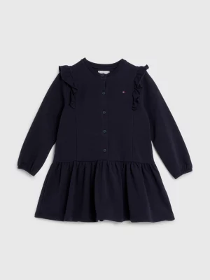 Vestido com babados, modelagem acinturada e saia evasê