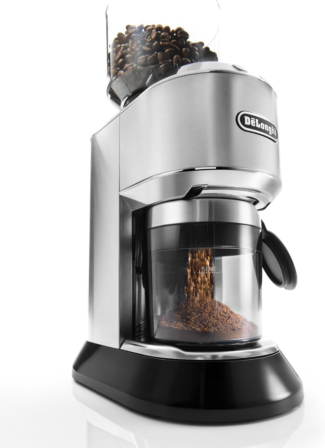 De'Longhi Dedica KG 521.M Elektrische Kaffeemühle, 2,1' LCD Display mit Aroma Funktion, Vollmetallgehäuse, Edelstahl Kegelmahlwerk, einstellbare Mahlgradeinstellung, Silber
