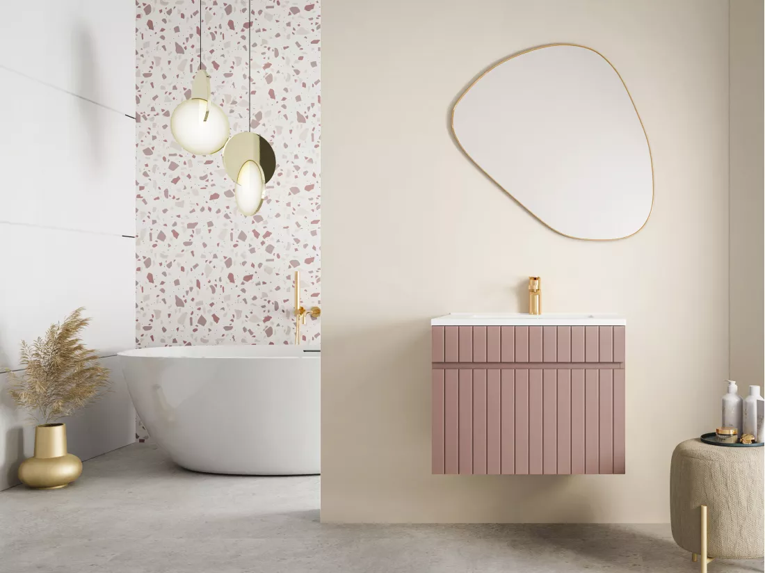 Meuble de salle de bain suspendu strié rose avec vasque à encastrer - 60 cm - SATARA