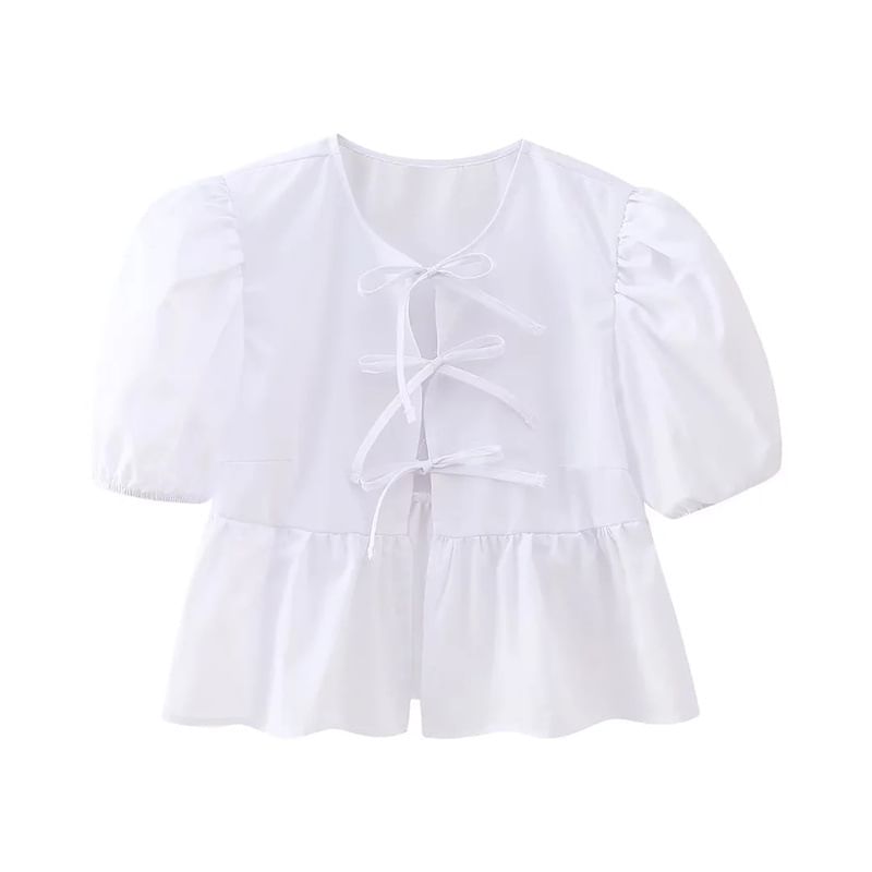 Yukis - Blouse met korte mouwen en peplumstrik aan de voorkant