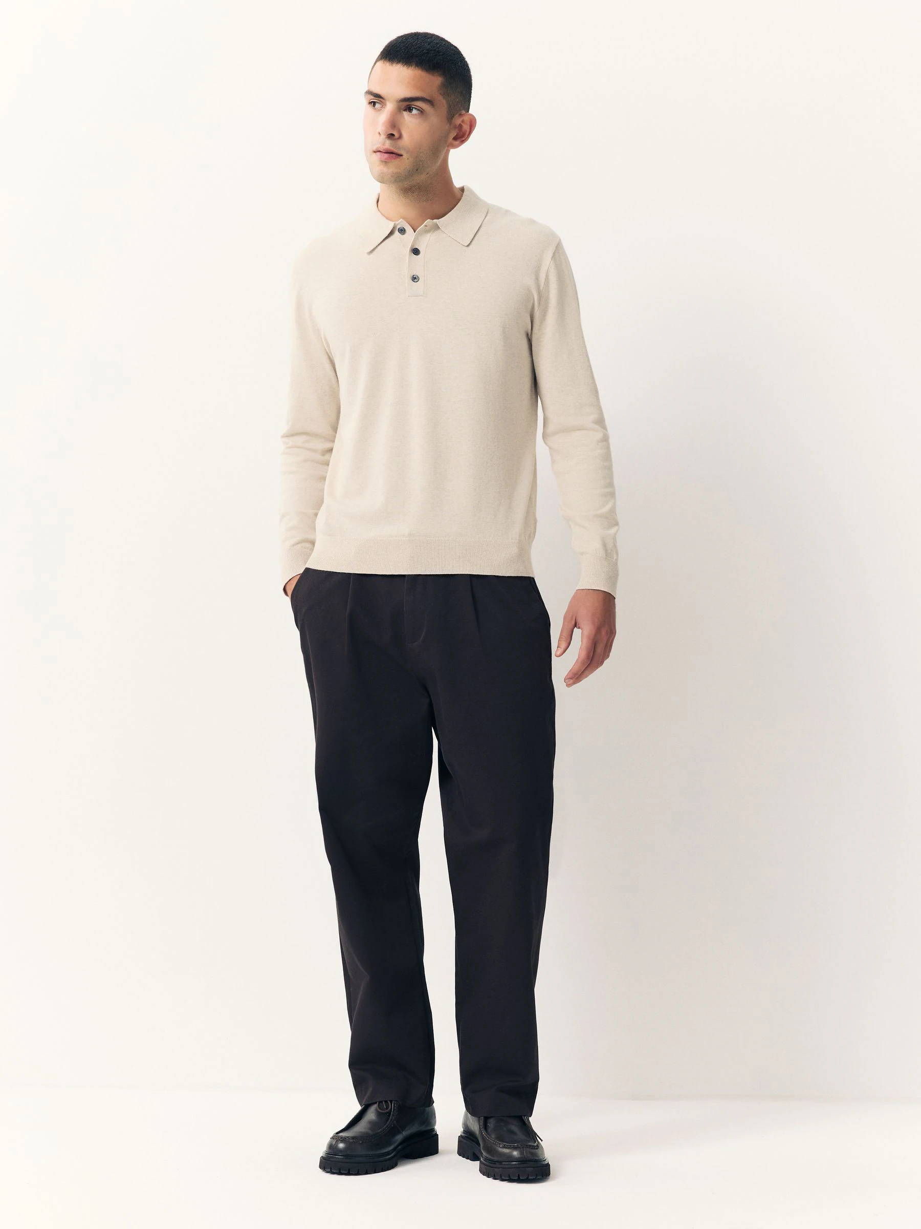 Gemêleerd naturel - Normale Pasvorm - Katoenrijk gebreid poloshirt met lange mouwen
