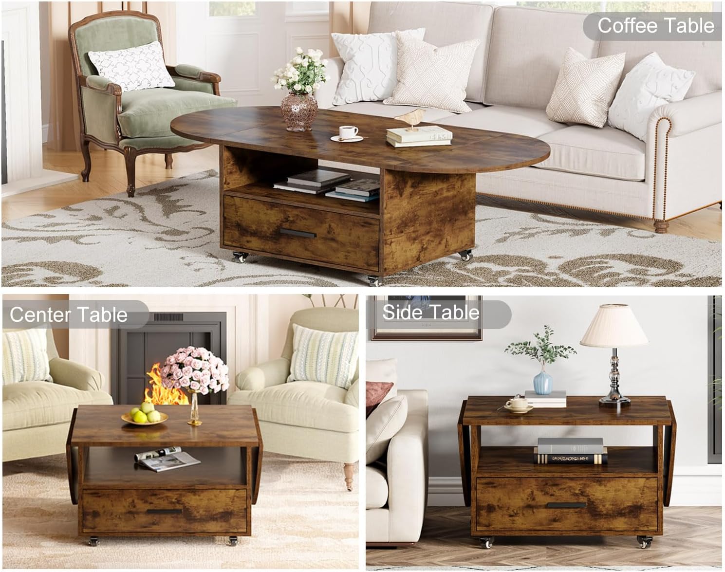 IBF Couchtisch Mit Schublade Stauraum Holz Oval Couchtisch Wohnzimmer Tisch Modern Ausziehbarer Mitteltisch Für Schlafzimmer Multifunktional Rollbarer Teetisch Beistelltische Rustikal Braun 120 cm