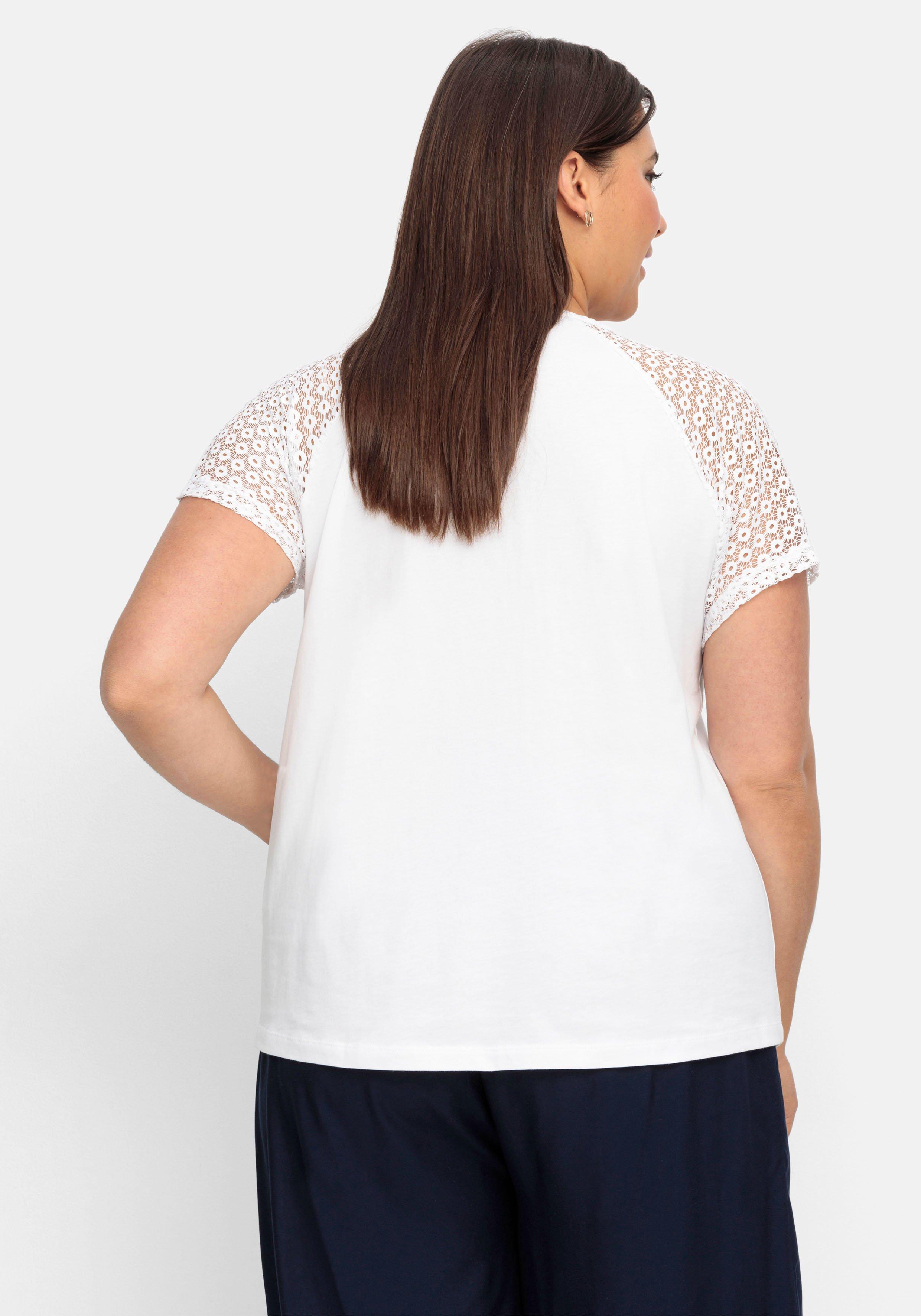 Shirt mit Zipper am Ausschnitt und Ärmeln aus Spitze