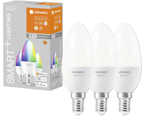 Ledvance Smart+ WIFI LED kaarslamp, dimbaar, E14/4,9W (40W equivalent), mat, 470 lm, 2700-6500 K, RGBW, 3-pack