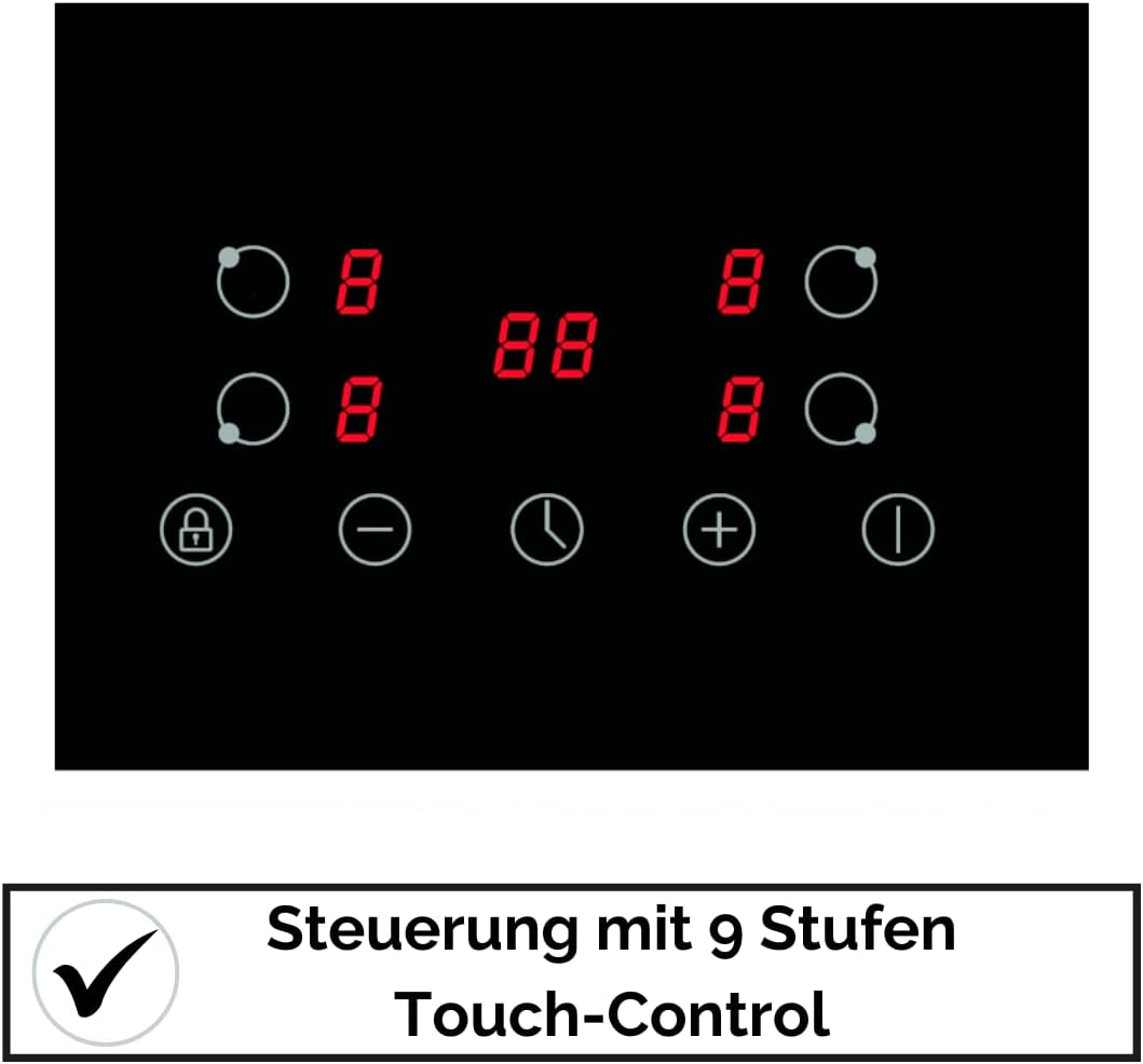 YUNA Glaskeramik-Kochfeld Calor EBK4 | Autark | 4 Zonen | 59 cm | Rahmenlos | Timer | Herdplatte | 4 Kochzonen | Kindersicherung | 9 Leistungsstufen