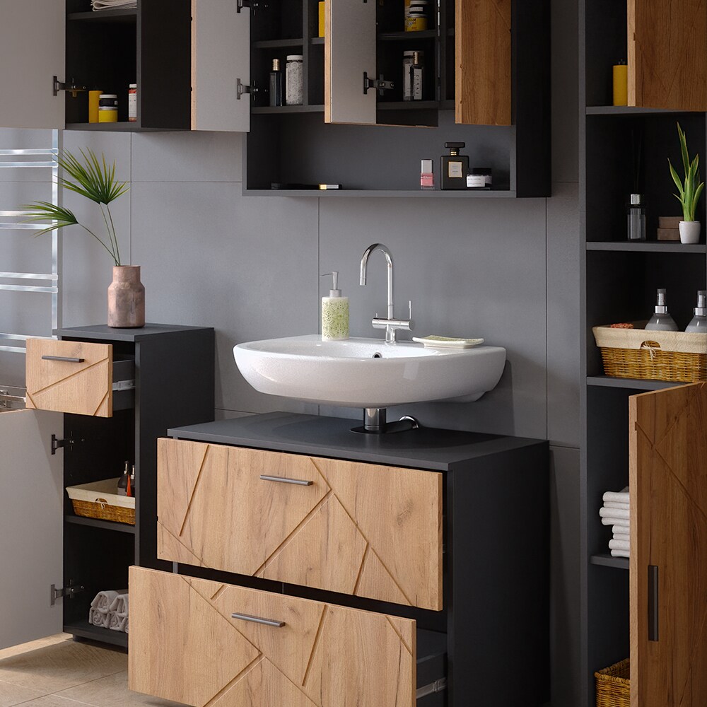 Vicco Badmöbelset Irma Anthrazit Eiche modern 80 cm 30 cm Badezimmerschrank Badschrank Badezimmermöbel Waschtischunterschrank Spiegelschrank Hochschrank Midischrank Hängeschrank Tür Schublade