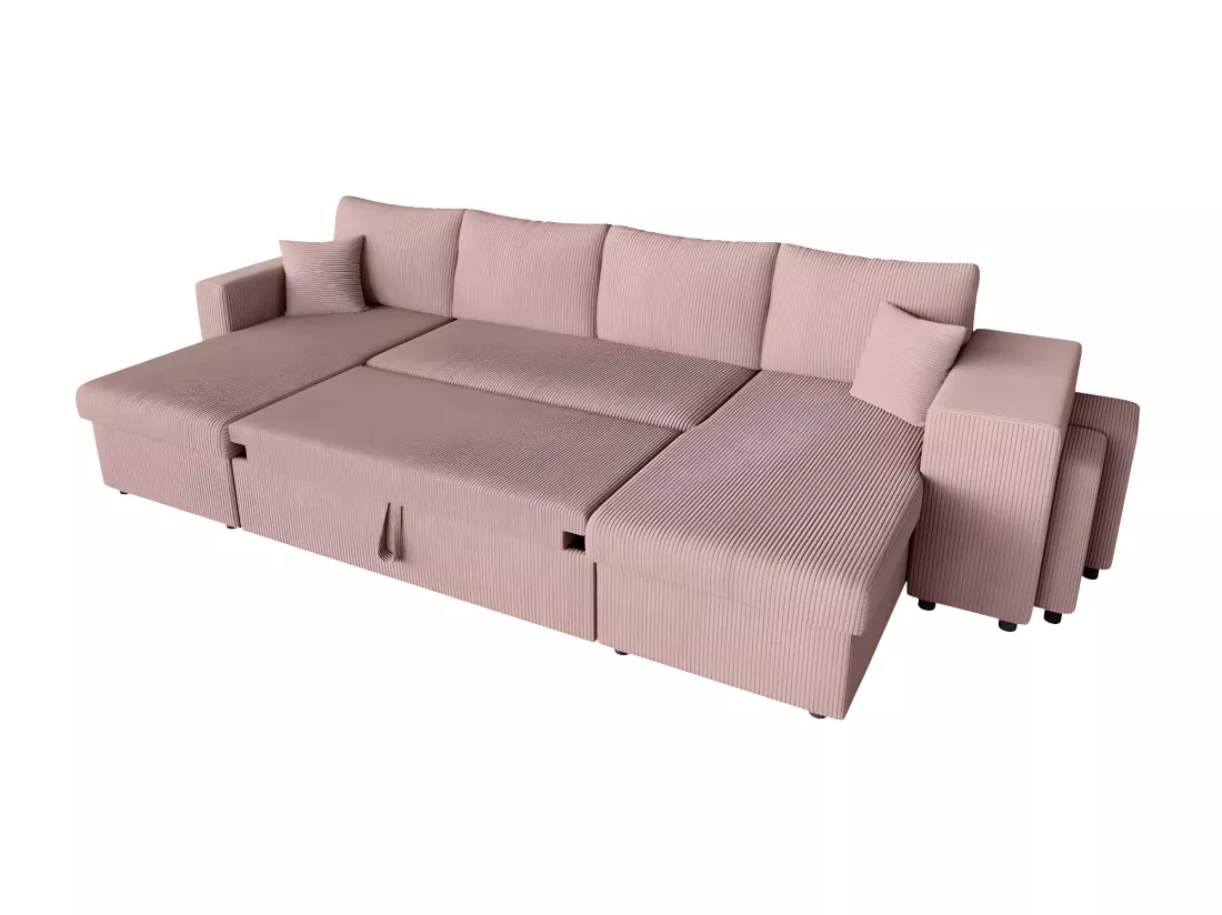 Canapé panoramique Oslo convertible avec 2 coffres, 2 poufs à droite en velours côtelé rose - L311 x P146 x H81cm - Loungitude