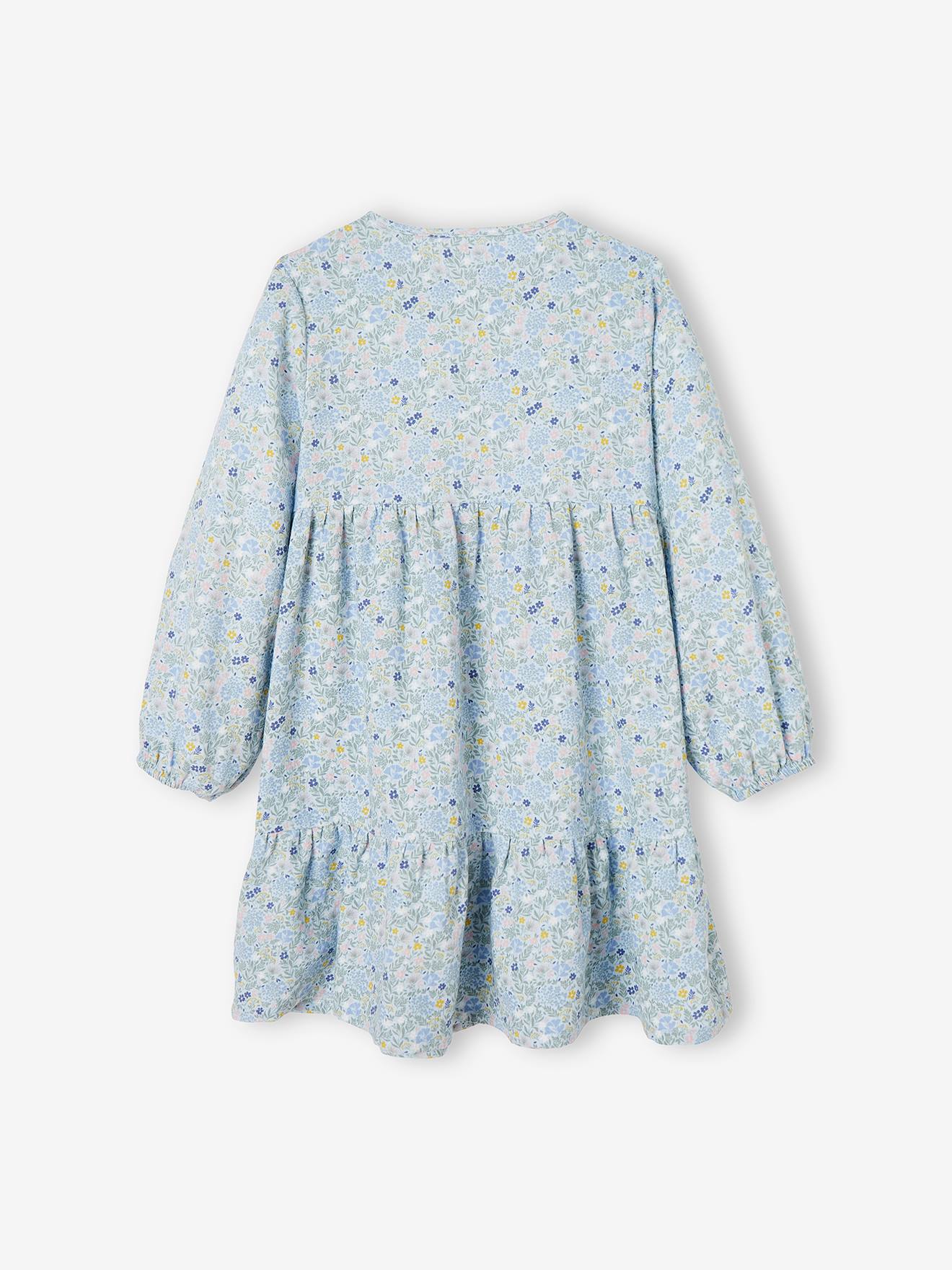 Vestido azul claro com babados, flores e detalhes acolchoados para meninas