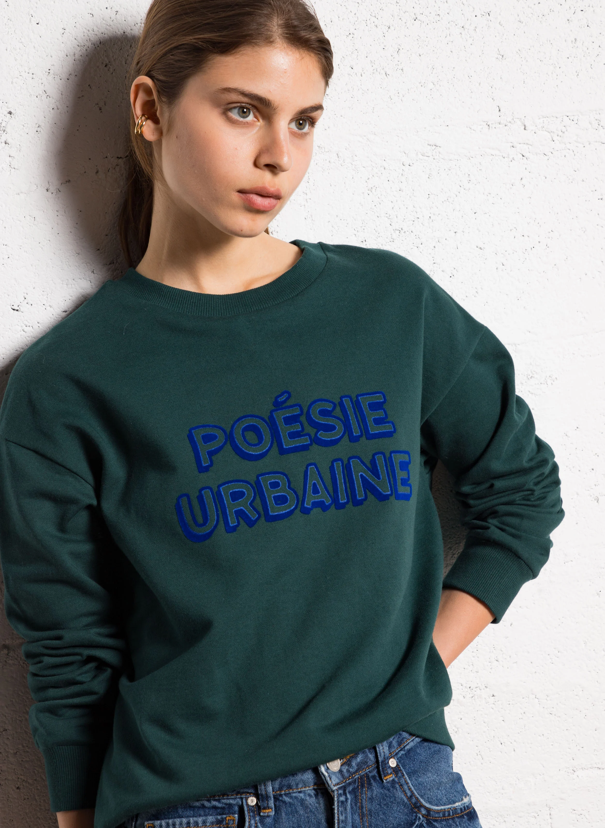 Sweat oversize col rond en coton | Vert