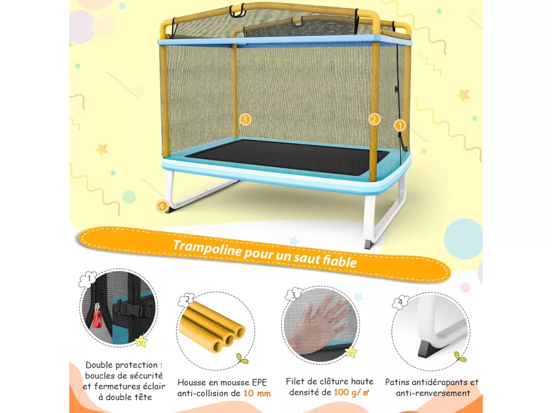 3 en 1 Trampoline Extérieur Enfants Rectangulair (190x124cm) avec Balançoire & Barre Horizontale, Trampoline de Jardin avec Filet de Sécurité, Charge Max 110kg, Jaune