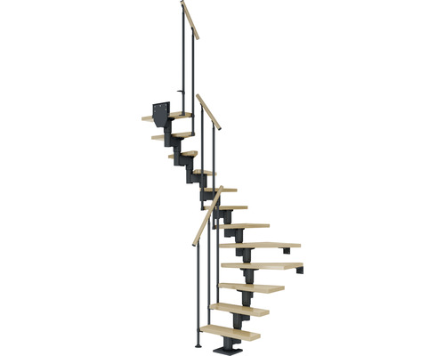 Pertura Spiros middentrap, antraciet, halve draai, 65 cm, balustrade, esdoorn gelamineerd hout, gelakt, 11 treden / 12 stootborden