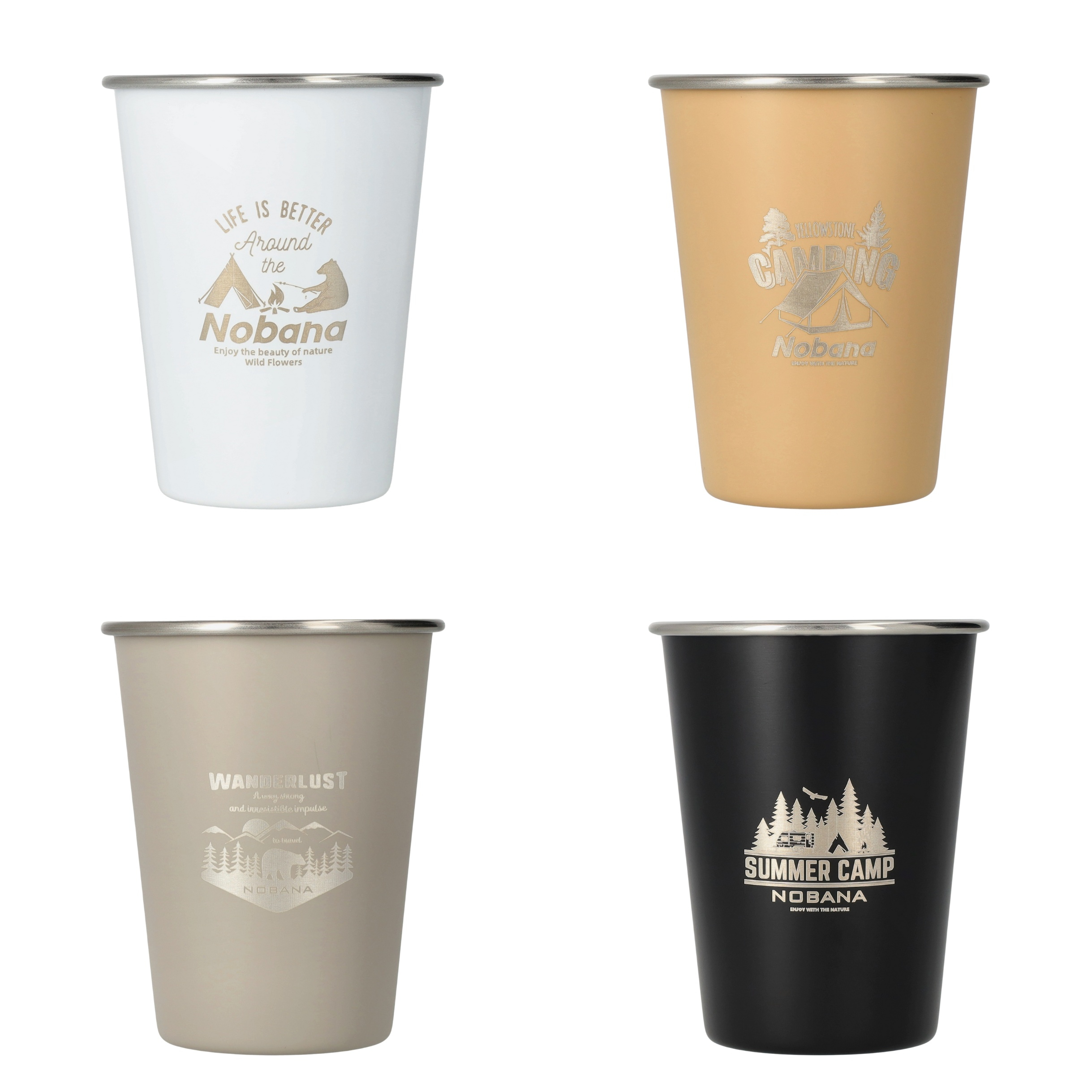 (4er Set) 350ml Edelstahl Becher Camping Kaffee Becher - Braun / Grau / Schwarz / Weiss