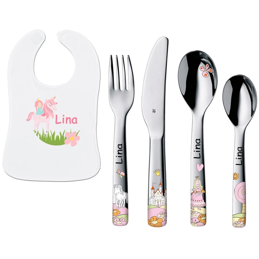 Schnullireich Geschenkset mit Namen WMF Kinderbesteck Anneli + Baby Lätzchen Einhorn Silber