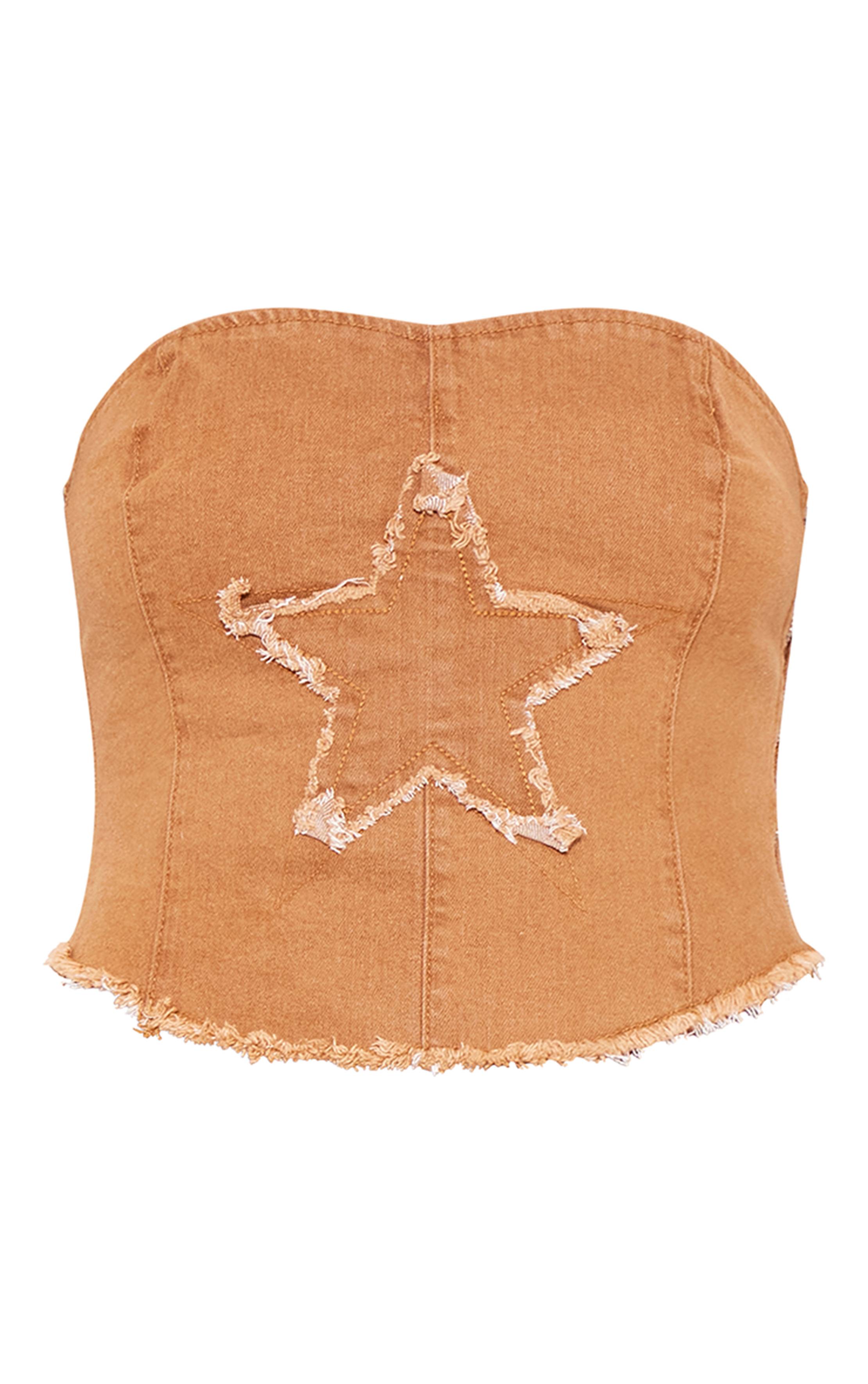 Washed Brown Top Corset Stretch Étoile Appliquée