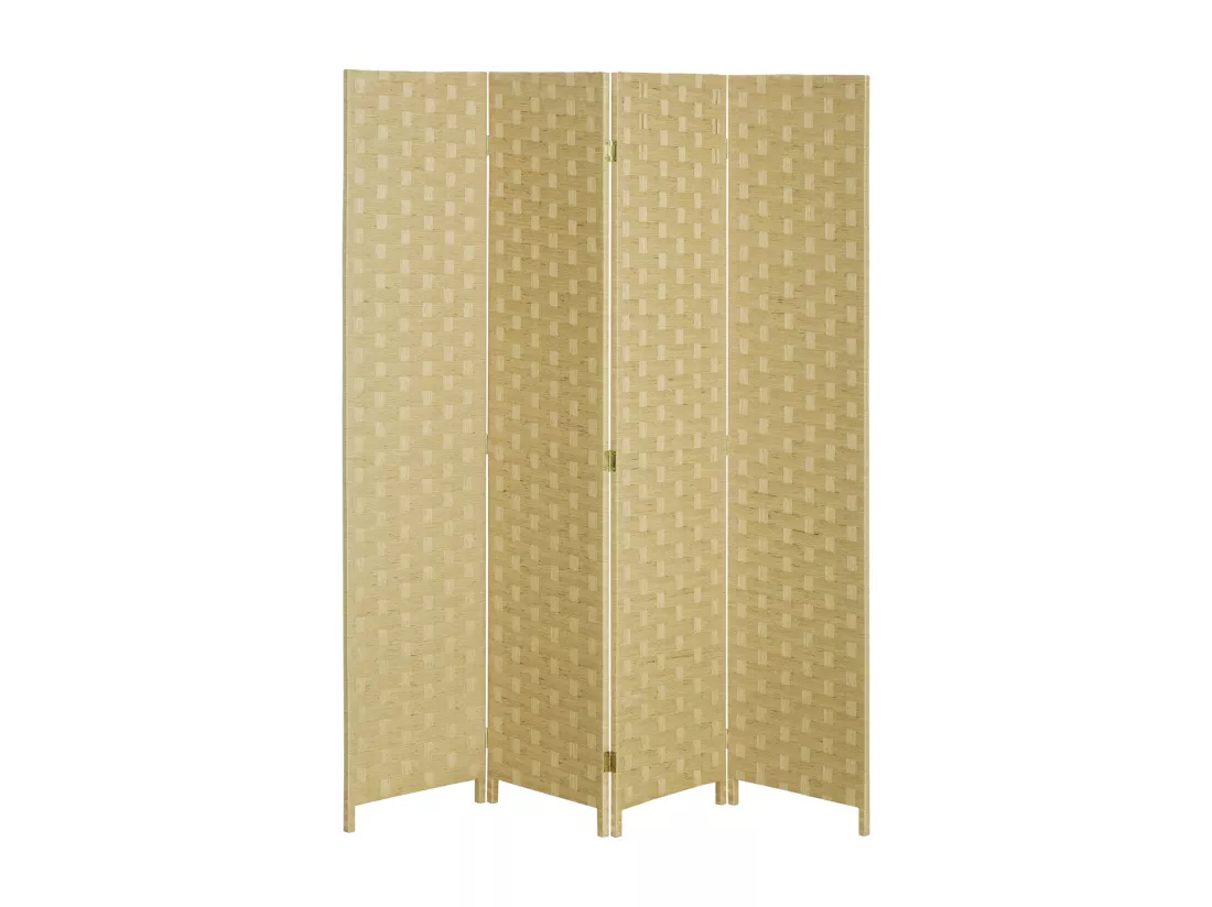 Paravent intérieur 4 panneaux pliables séparateur de pièce bois de pin fibres de papier tressé naturel