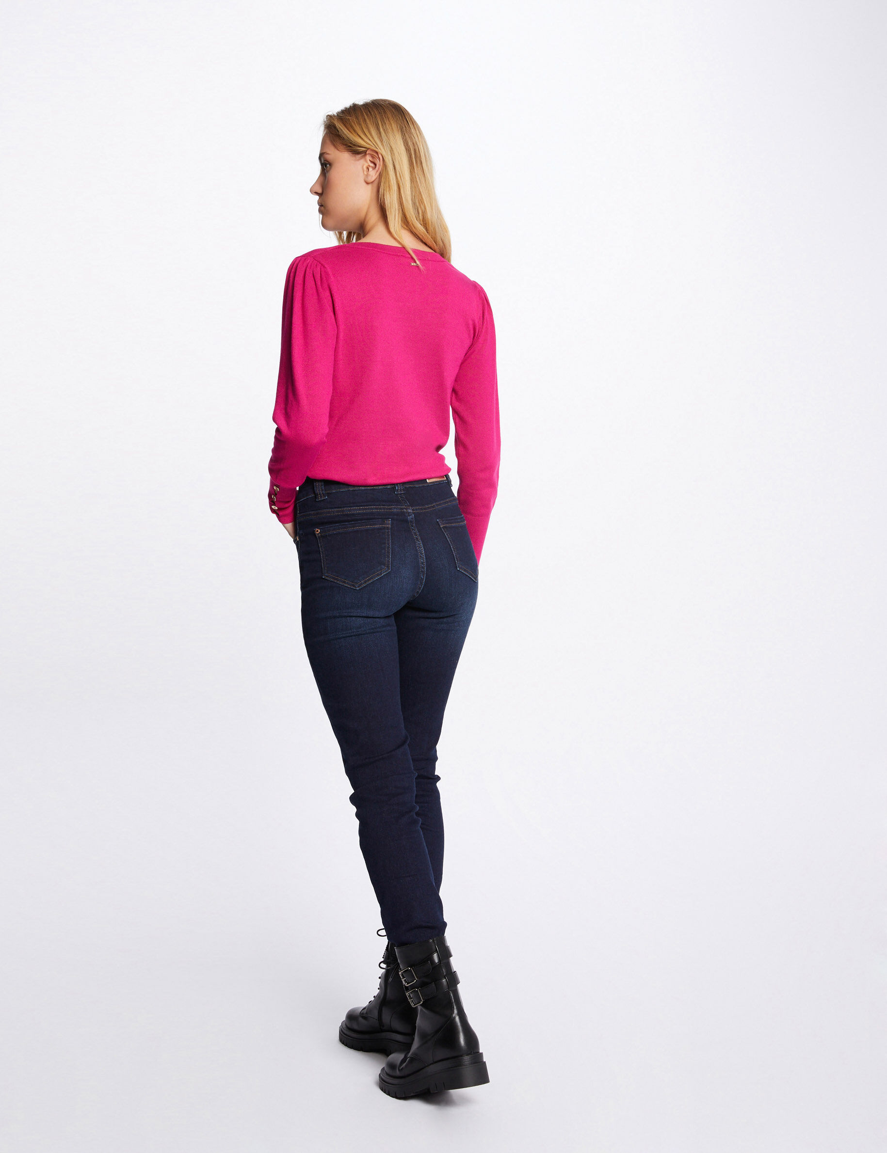 Pull manches longues avec col en V rose fonce femme - rose_fonce