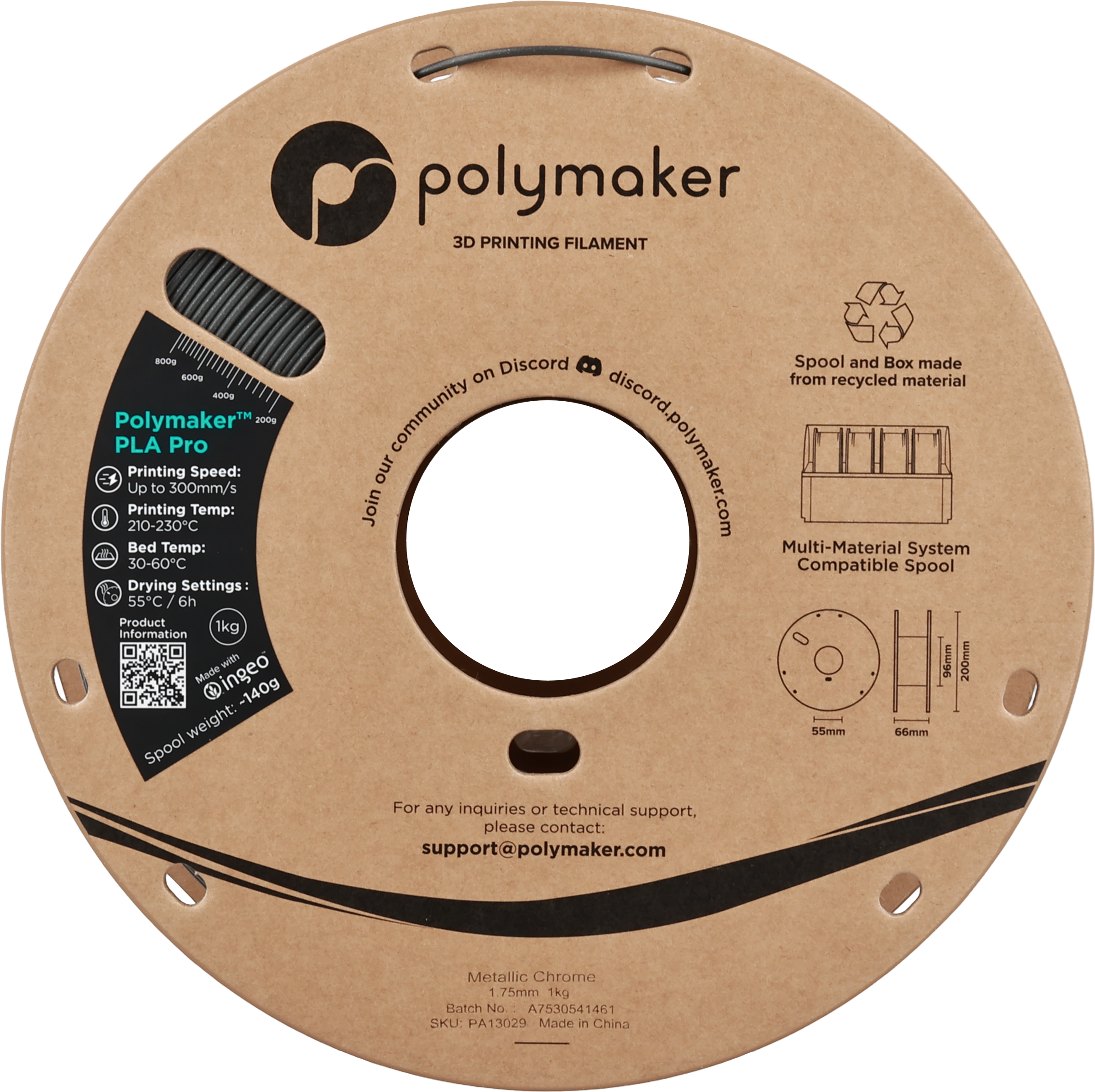Polymaker  PLA Pro Metallic Chrome, 1,75 mm / 1000 g    Neue, verbesserte Formulierung: Hochleistungs-High Speed-PLA in Metallic Chrome