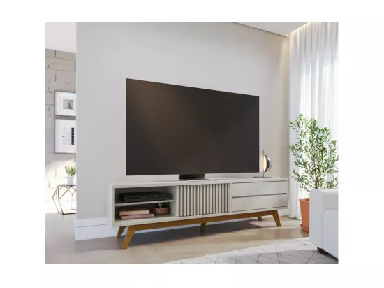 Meuble TV 75 Pouces Blanc Pieds Bois 1 Porte 2 Tiroirs 3 Niches L 200 H 55.2 P 37.7 cm