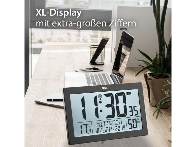 ADE Funk-Wanduhr XL, Schwarz Wecker mit digitaler Anzeige