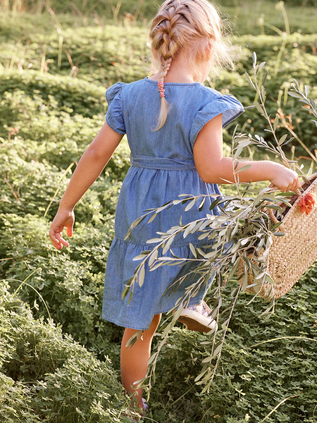 Vestido envelope leve em denim para meninas, lavagem azul escura.