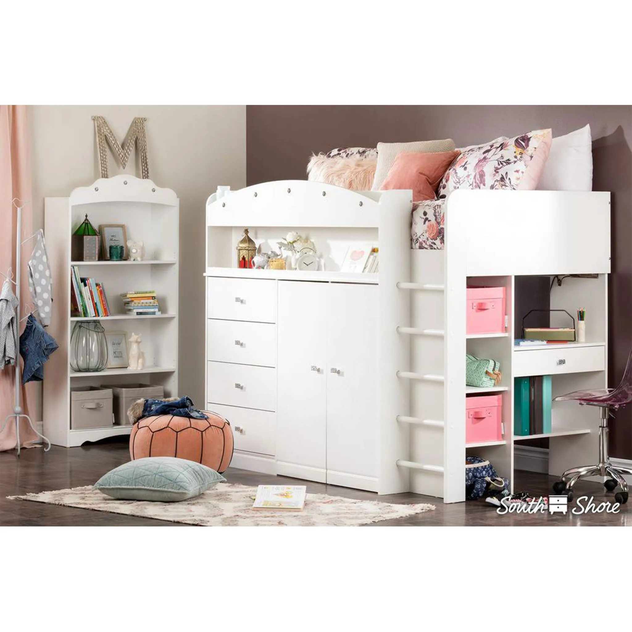 South Shore Lit Mezzanine avec Bureau Tiara - Blanc