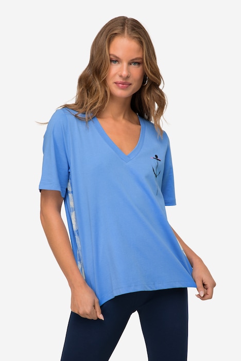 T-Shirt, A-Line, seitliches Karo, V-Ausschnitt, Halbarm