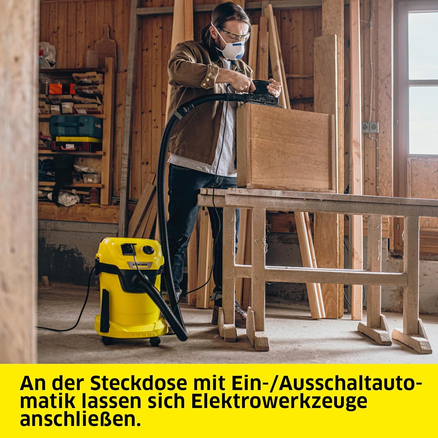Kärcher Nass-/Trockensauger WD 3 P V-19/4/20, inkl. Patronenfilter, Vliesfilterbeutel, 1.000 W, Kunststoffbehälter: 19 l, Saugschlauch: 2 m, integrierte Steckdose für Elektrowerkzeuge