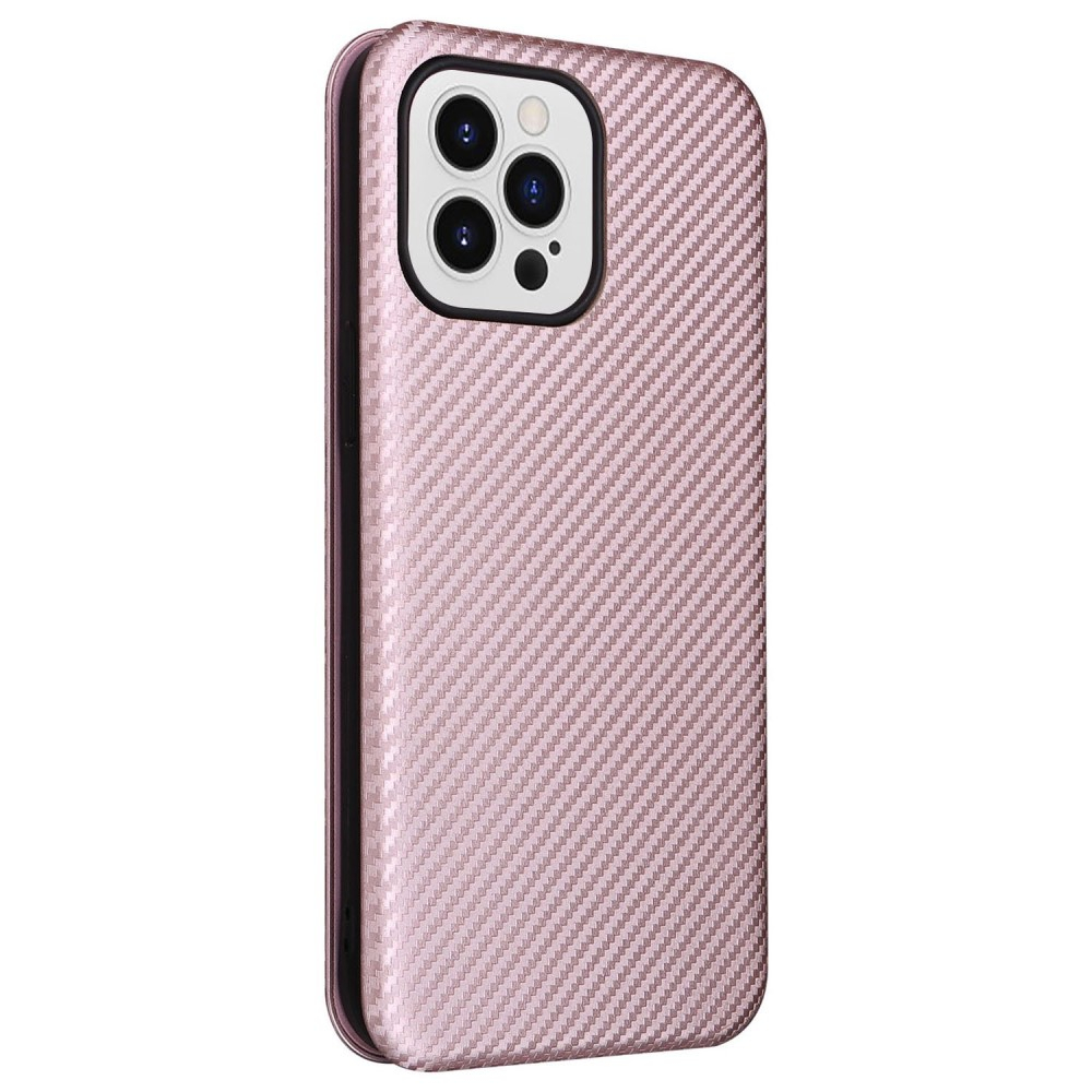 iPhone 14 Pro Leder Tasche Flip Cover Carbon Look - Roségold