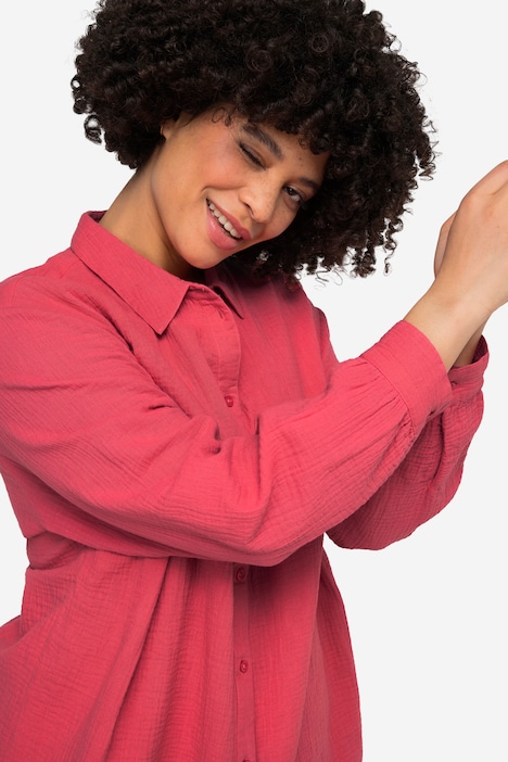 Musselinbluse, oversized, Hemdkragen, Langarm