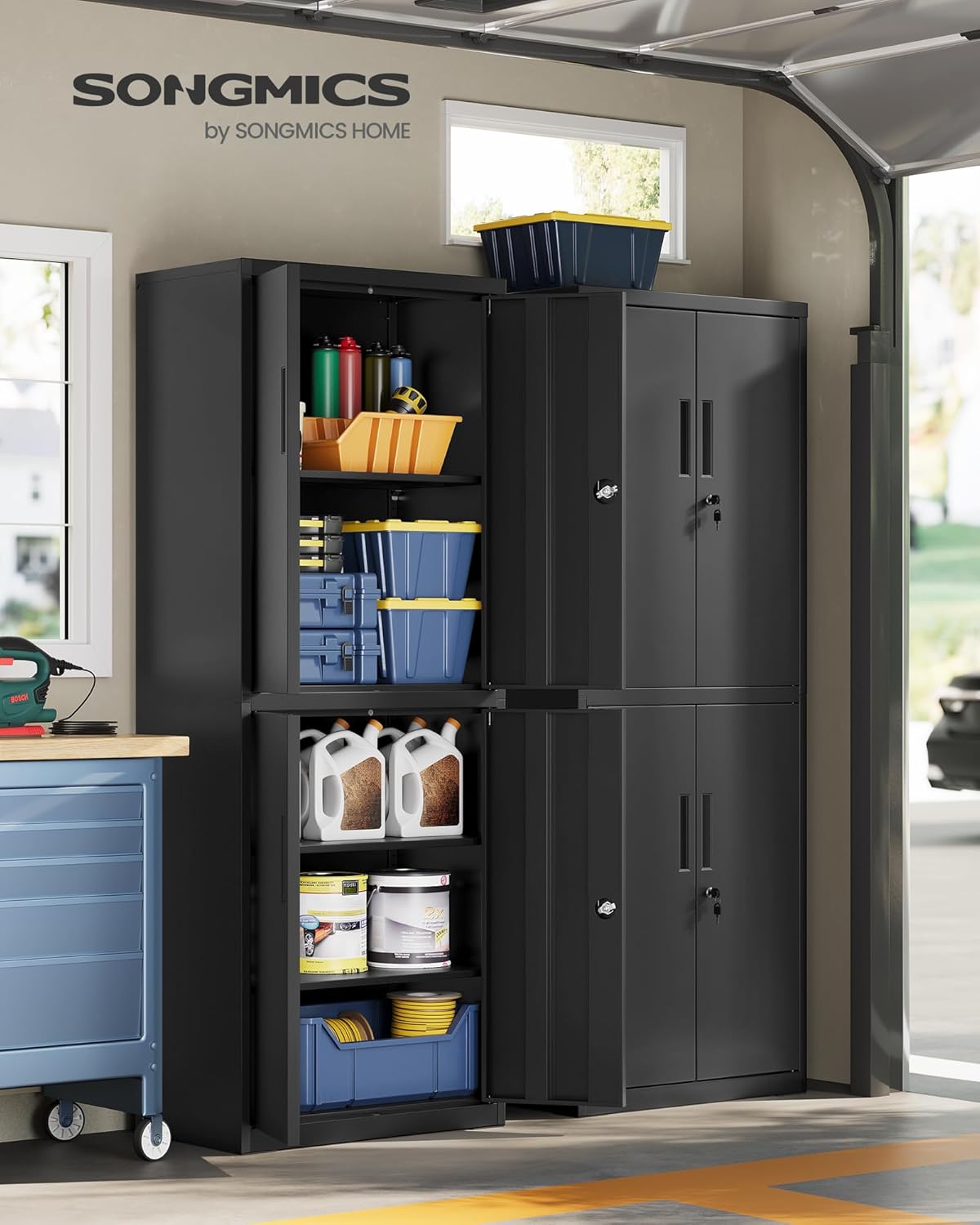 SONGMICS Aktenschrank, Mehrzweckschrank, Büroschrank, mit 4 Türen und 5 Ebenen, 40 x 60 x 180 cm, 2 Schlösser, verstellbare Ablagen, Aufbewahrungsschrank aus Stahl, Mattschwarz OMC017BD01