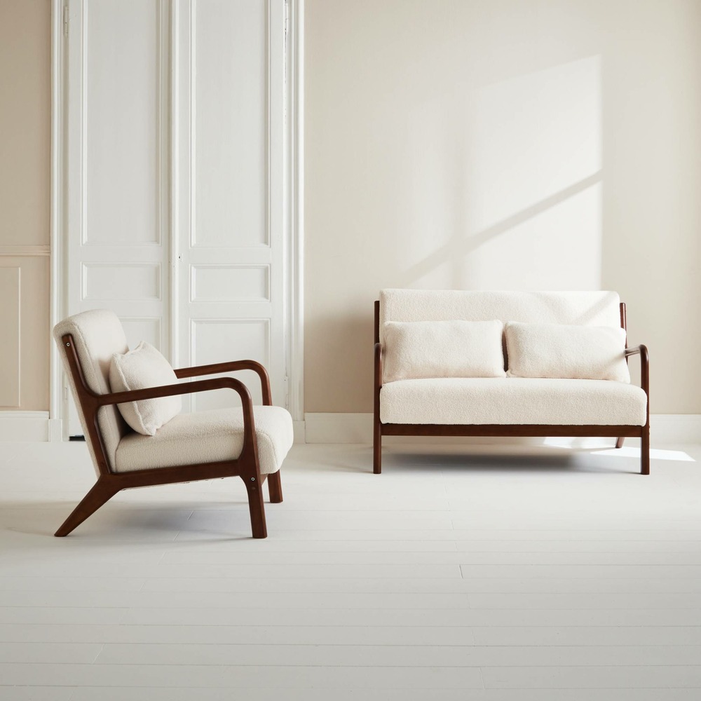 Banquette 2 places + fauteuil bouclette en bois d'hévéa teinté noyer clair