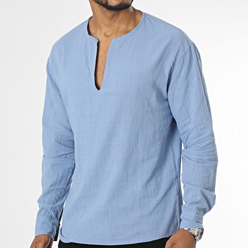 Chemise Manches Longues Col V Bleu Ciel Chiné