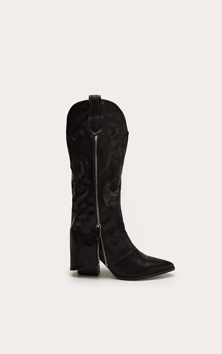 Noir Botte Haute À Talon En Synthétiquecuir Avec Fermeture Éclair Et Revers Rabattable