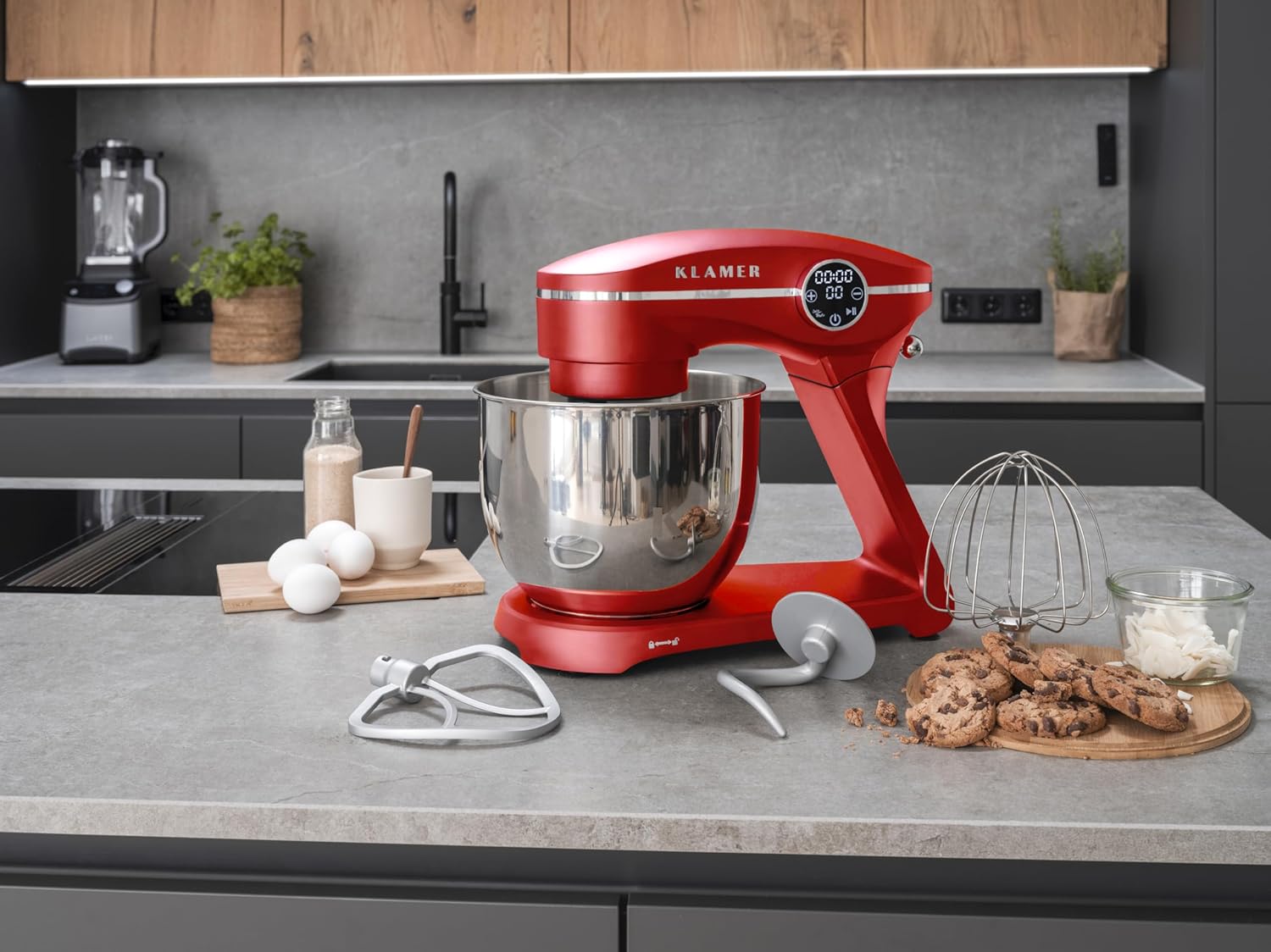KLAMER Küchenmaschine 1800W, Knetmaschine Brotteig mit Edelstahl-Rührschüssel 6 L, 10 Stufen mit Timer, Planetenrührwerk, Rührbesen, Knethaken, Schneebesen & Sichtdeckel (rot)