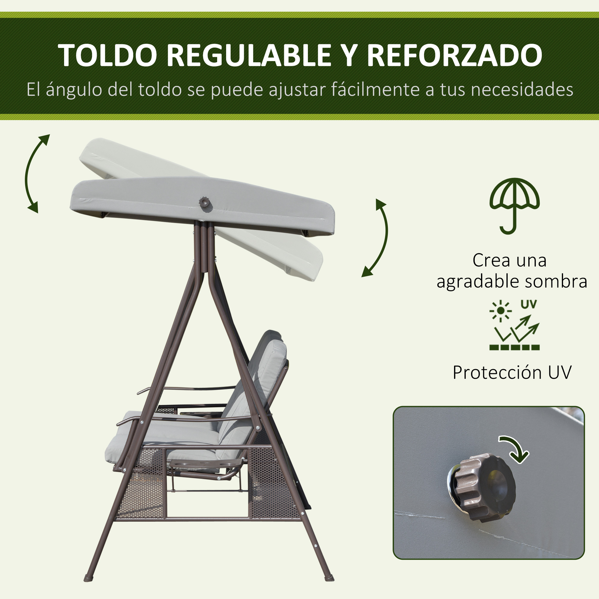 Cadeira de balanço de jardim Outsunny de 3 lugares com cobertura para proteção solar, 2 almofadas, bandeja para bebidas e estrutura de metal para pátio, varanda e uso externo, carga máxima de 360 kg, 116 x 206 x 183 cm, cinza
