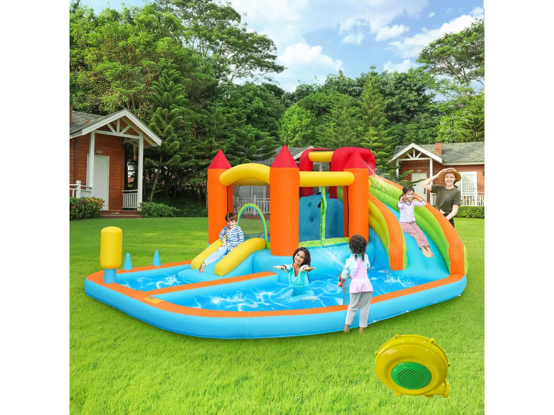 Château gonflable piscine 8 en 1 pour enfants - 460 x 343 x 190cm - en oxford - avec souffleur - orange